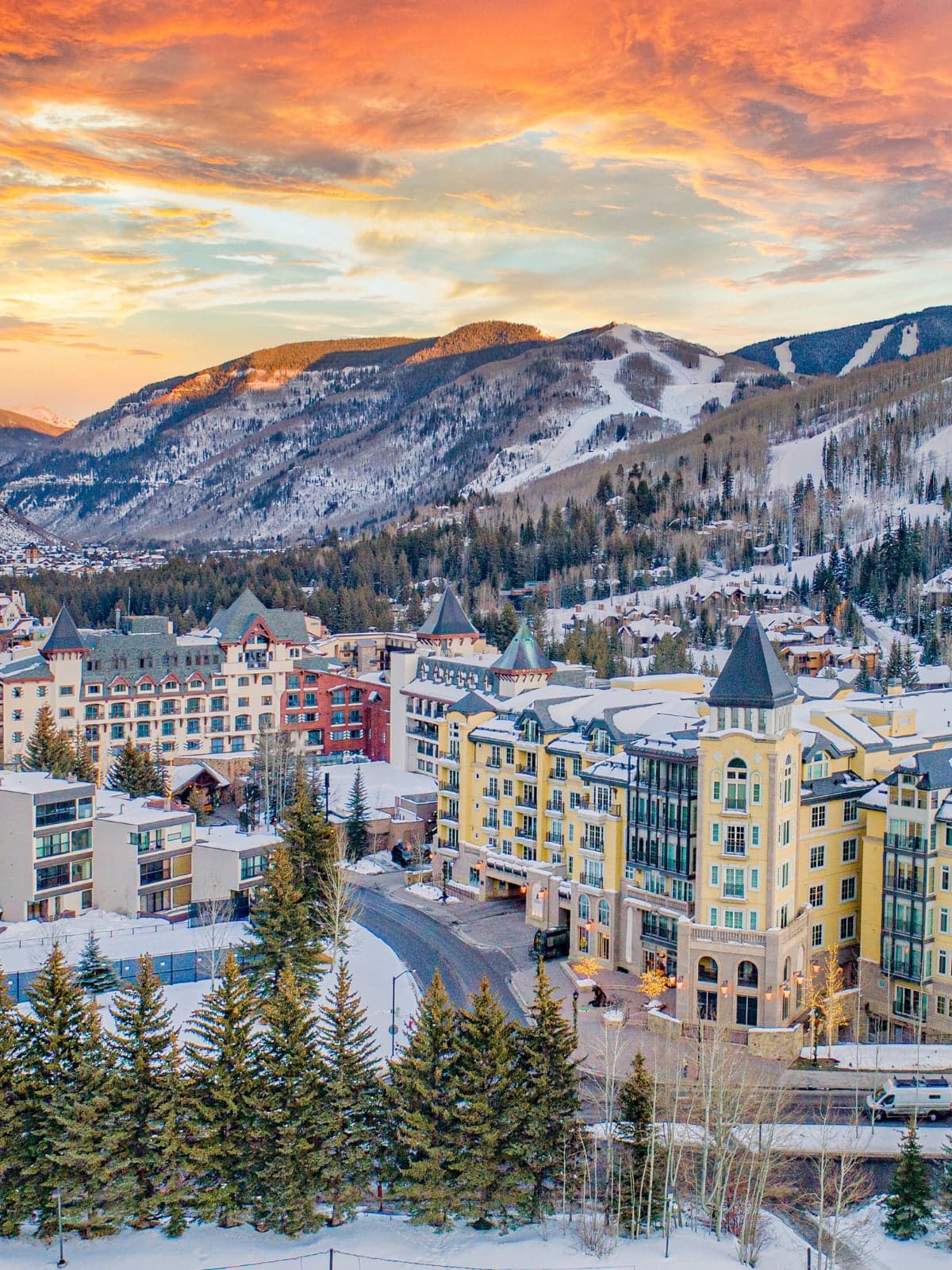 Vail Colorado ski resort village at sunset - romantic Rocky Mountain honeymoon destination