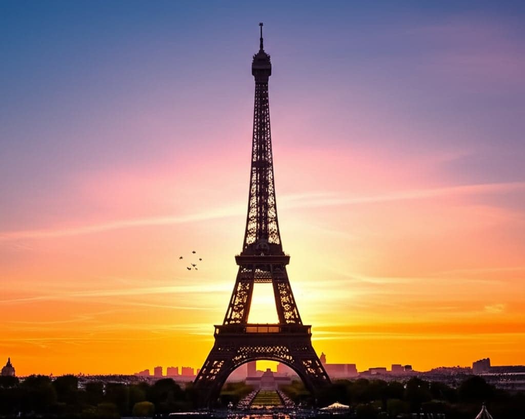 Paris Eiffel Tower at sunset with romantic cityscape view